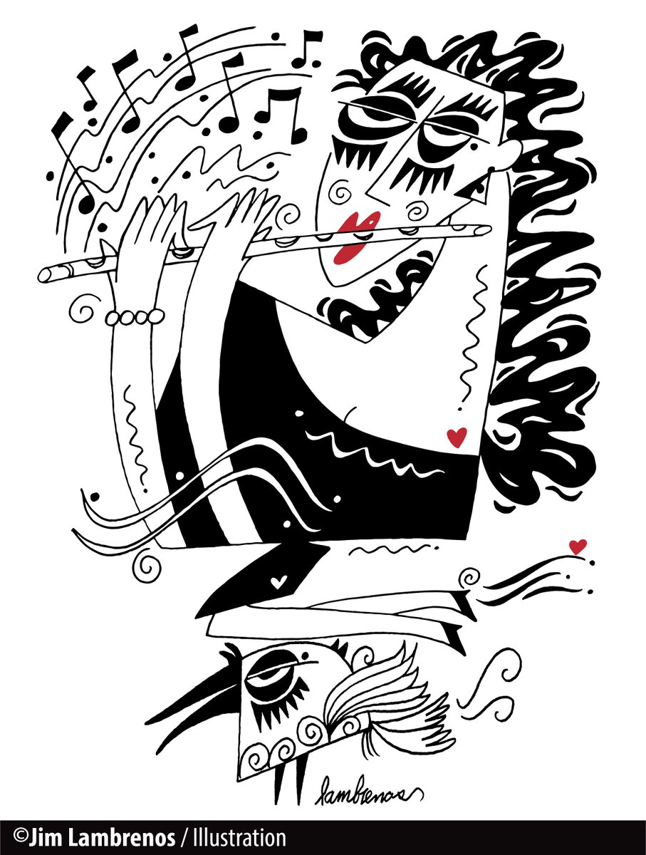 JimLambrenos's tweet photo. A rather strange musical jaunt on the fleeing Fluxfloom of Leicester Downs. “If music be the food of love play on”…and I loved, loved working on this one! #Music #Flutist #Flute #Graphic #InkDrawing https://t.co/prUZSzXUY8