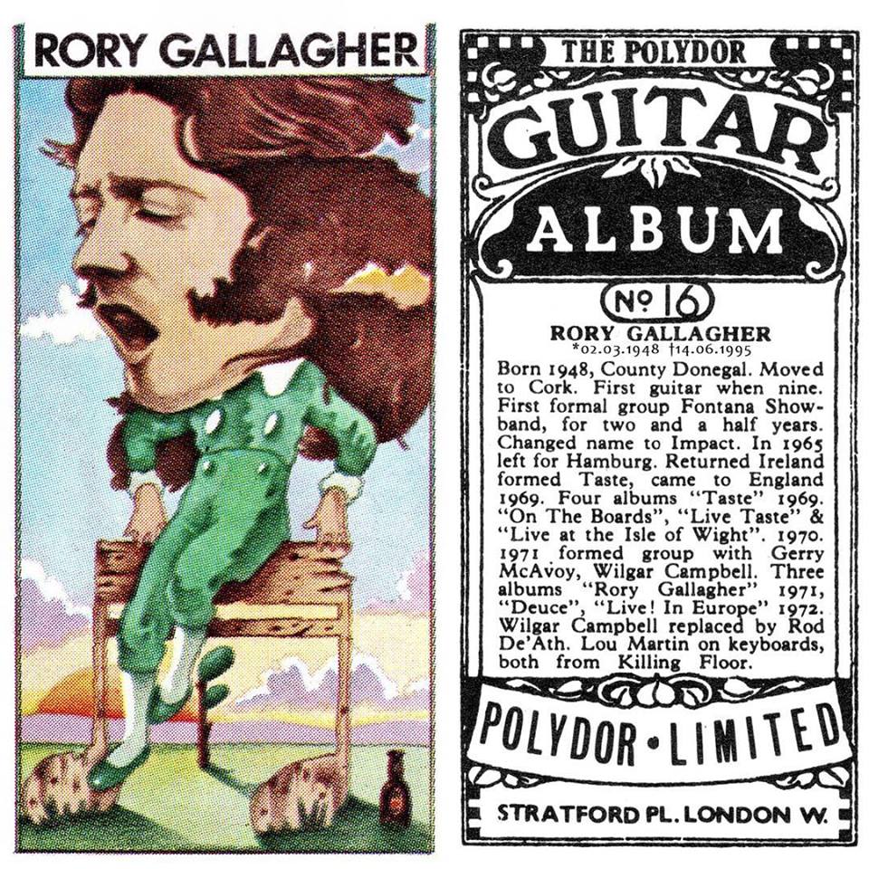 rorygallagher's tweet photo. In 1972 Polydor Records released 'The Guitar Album' a 16 track compilation featuring all the best guitarists on their label including Rory, Jimi Hendrix, Eric Clapton, Pete Townshend etc. The album came with a mini set of trading cards on each guitarist, illustrated by Ian Beck. https://t.co/MP0n6BY4QP