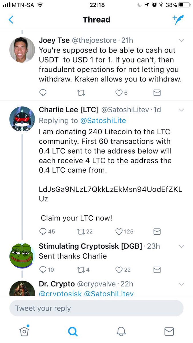 cryptomanran's tweet photo. I can't believe people fall for such scams! No one is giving away any tokens... this guy impersonating @SatoshiLite  just made 11 LTC. https://t.co/BQgltp3K8D