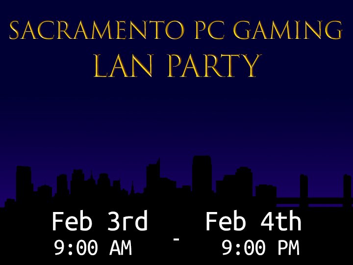 squareoneclubs's tweet photo. Sacramento PC Gaming LAN Party is this weekend. It will be a whole 36 hour of awesome #games. There are only few spots left, if you are interested please pay the day of and click on the Google Form. https://t.co/Wh8PdOA7u2
#Sacramento #PCLAN #PCgaming #LANParty #LAN #videogames https://t.co/mIbP0Q2lJc