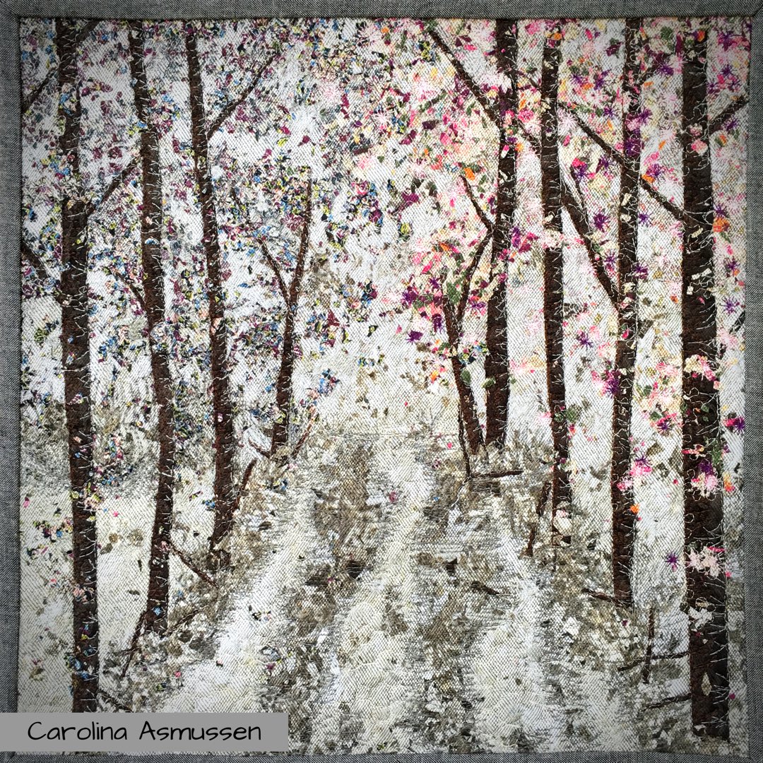 carol_asmussen's tweet photo. “Spring Snow, New England” my first 2018 finish and also my new category #pictorial ✨🌿❄️✨ Some shredded Liberty Fabrics and all quilted with Aurifil 80wt 💓
#berninaq20 #aurifil #aurifil80wt #libertyfabric #longarmquilting #fmq #threadpainting #threadmatters #iamback https://t.co/aQDT3GeDD8