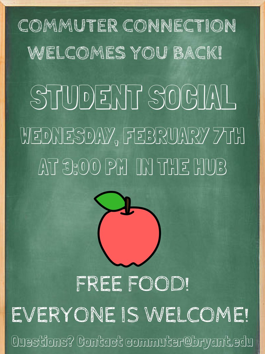 Welcome back bulldogs! Commuter Connection invites you to our 1st Student Social of the semester taking place on Wednesday, February 7th at 3PM in the Hub. Everyone is welcome, and there will be free food! Hope to see you there. 🙂
