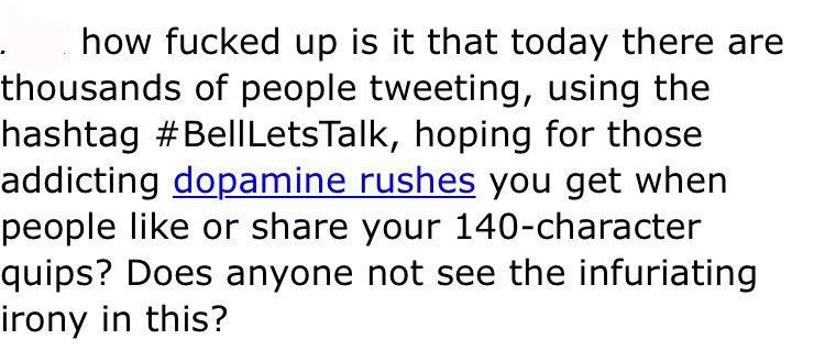 _sidneyanne_'s tweet photo. #BellLetsTalk because some of you using this hashtag and "spreading awareness" to feel good about yourselves are the reason I wanted to take my life at one point. https://t.co/rvOTydFv3G