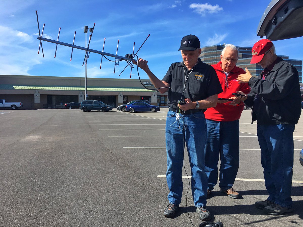 wdillon's tweet photo. Delighted to see Doug, @dtabor and wife Pam at today's Houston AMSAT luncheon.  Doug worked half-dozen+ contacts on the 19z pass of AO-91 from the parking lot afterward. https://t.co/VdYZYOStH6
