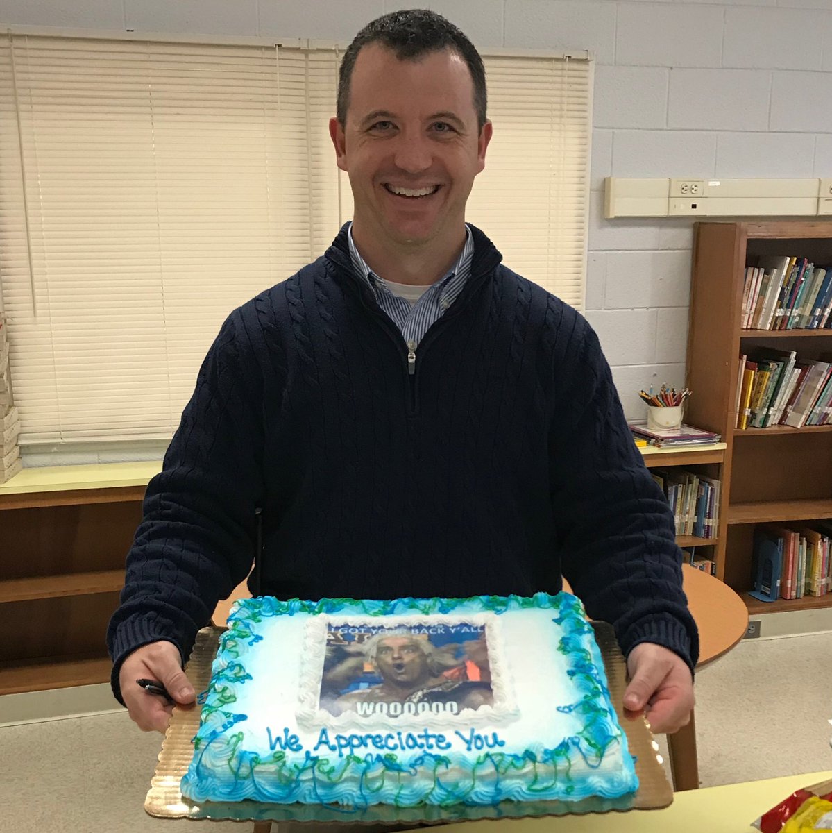 HRMS_counselor's tweet photo. Surprise Principal Appreciation cake! #wooooo #rickflair @HRMS_Teach https://t.co/4UoxA6ELnl