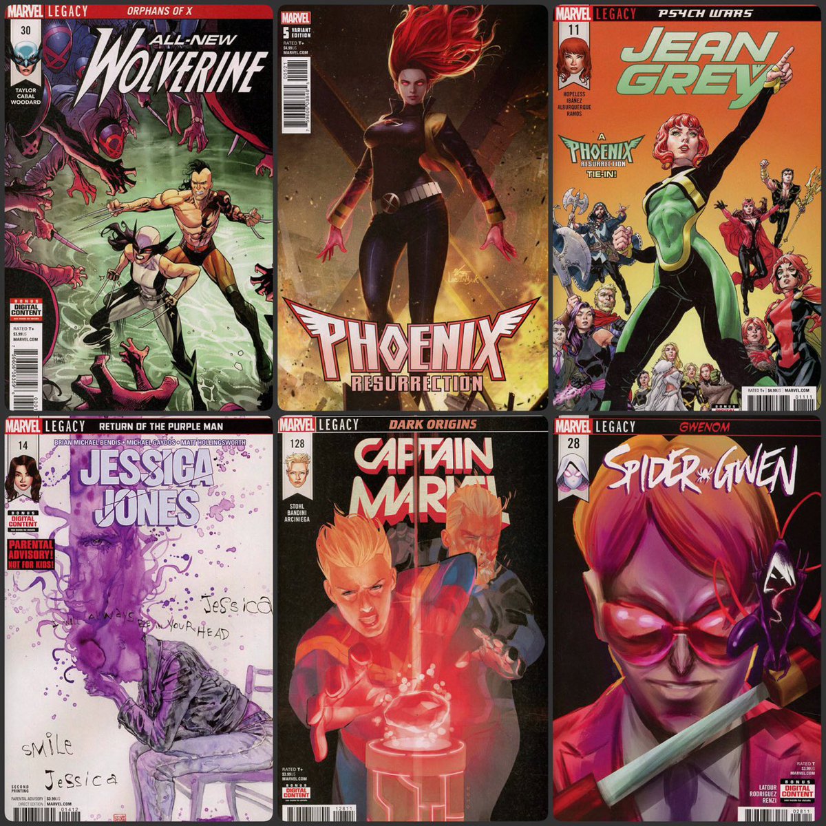 kittystavern's tweet photo. My #GWKA #NewComicBookDay picks for this week. #Marvel #AllNewWolverine #CaptainMarvel #JeanGrey #JessicaJones #PhoenixResurrection #SpiderGwen #ncbd https://t.co/TBxigOiPsm