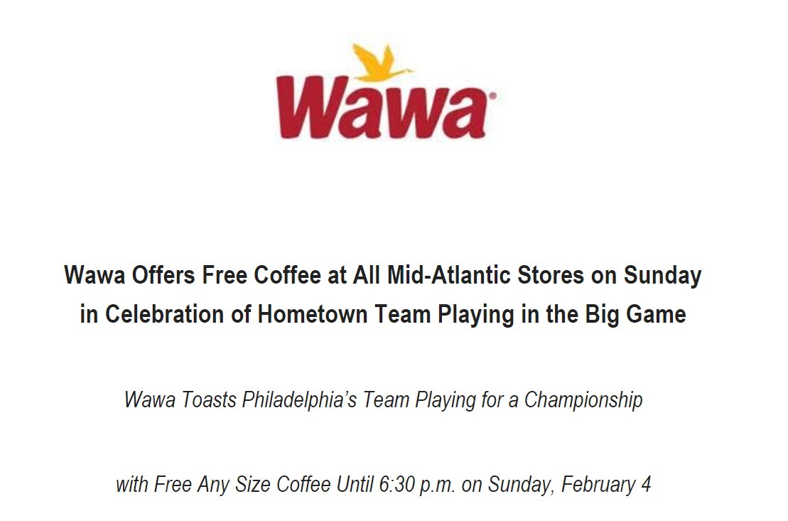 billy_penn's tweet photo. Free @Wawa coffee on Sunday before the game #flyeaglesfly

p.s. Get the Reserve, it's really good https://t.co/oGBZl9u5wA https://t.co/55BbkOzL39