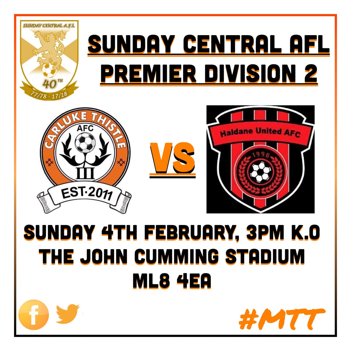 <a href="/ScotAmFA/">Scottish Amateur FA</a> <a href="/Scottish_AFF/">AmateurFixturesResultsSCO</a>

🏆 <a href="/scafl/">yeenyo</a> Premier Division 2
📆 Sun 4th Feb
⚽ v <a href="/Haldanesun/">Haldane United Sun</a> 
🏟 The John Cumming Stadium (3G)
⏰ 3PM K.O
⚫️ Home: Black &amp; Orange
🔵 Away: Blue

#MTT 🖤🧡