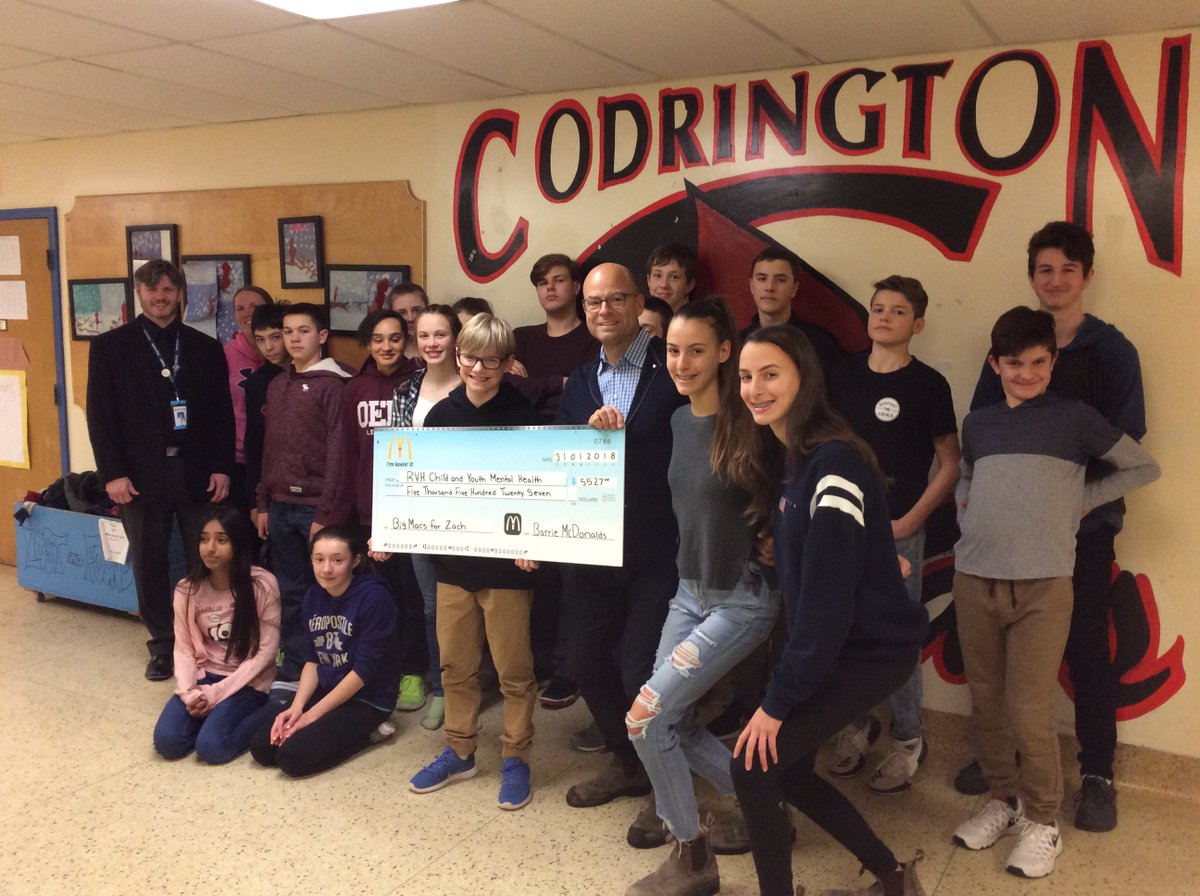 ZachMakesTracks's tweet photo. What a perfect day for Zach's class to meet with the O'Neill Family from @McDonaldsCanada #Barrie for a BIG cheque presentation! THANK YOU for the giant donation! This family has been so supportive of Zach AND our community. #youthmentalhealth #community #BellLetsTalk https://t.co/5vI6dx9RGj