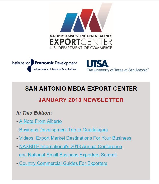 SAMBDAExport's tweet photo. Our #ExportCenter's January Newsletter is out and has great information about an upcoming #businessdevelopment trip to #Guadalajara and resources to better understand key markets abroad. Read all about it here: https://t.co/5gyVIaFPvm @USMBDA @EconDevUTSA https://t.co/YMonIZbsaH
