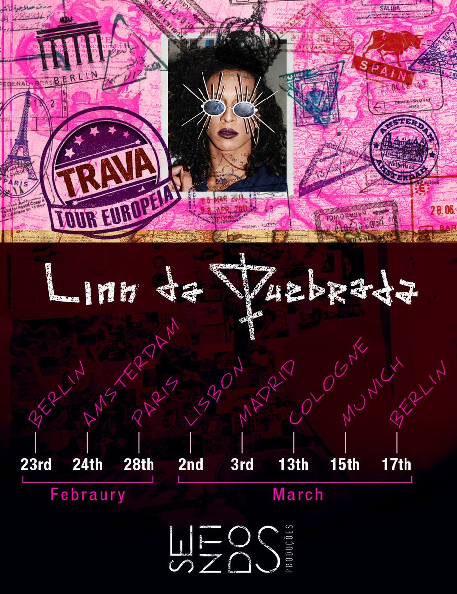 linndaquebrada's tweet photo. Oi meninas. É com muita alegria que anuncio a minha primeira turnê internacional. A Trava Tour começa em fevereiro, com o lançamento de Bixa Travesty no Festival de Cinema de Berlim - Berlinale e segue para os países vizinhos.
#travatour #linndaquebrada #pajuba https://t.co/6MA62Vc8Jd