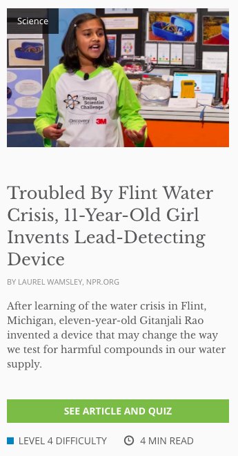 Gitanjali Rao, an 11-year-old-girl, was appalled by the Flint water crisis and ineffective lead-detection tools. So she invented her own: npr.org/sections/thetw… #Zincreads