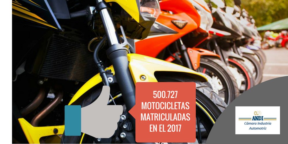 En Colombia se matricularon 500.727 motocicletas nuevas en lo corrido del 2017, con una caída del 12% respecto al 2016. ( <a href="/BAJAJ/">BAJAJ</a> 25,9%;  @YAMAHA 18,9% y  @HONDA (16,3%) <a href="/ANDI_Colombia/">ANDI</a>, #CámAutomotrizANDI