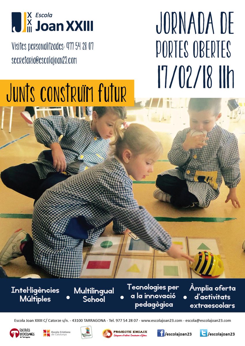 EscolaJoan23's tweet photo. El dissabte 17 de febrer celebrem la Jornada de Portes Obertes de la nostra escola. Podreu conèixer de primera mà el nostre projecte educatiu. Us hi esperem! #JPO https://t.co/nKDUmviSdt