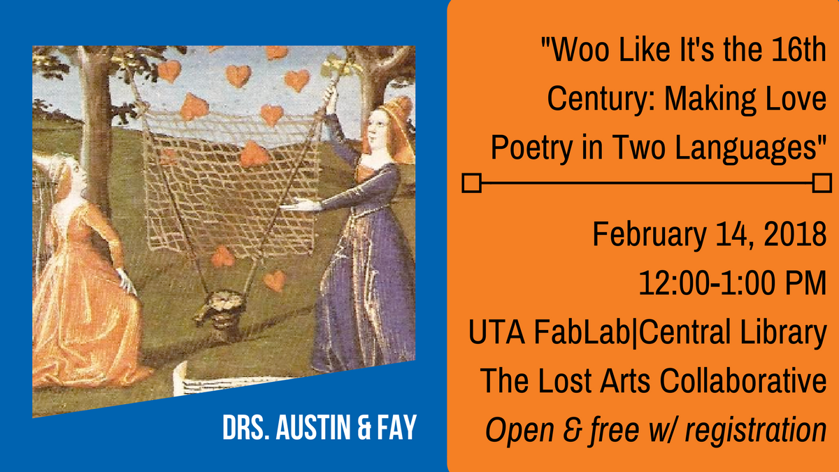UTAEnglish's tweet photo. The #LostArtsCollaborative will host their second event with #UTAEnglish Dr. Jackie Fay & UTA Modern Languages Dr. Amy Austin: "Woo Like It's the 16th Century: Making Love Poetry in Two Languages" @utalibarts #utacola
Find out more here: https://t.co/dIBUUvBYbf https://t.co/StkaB9c71n
