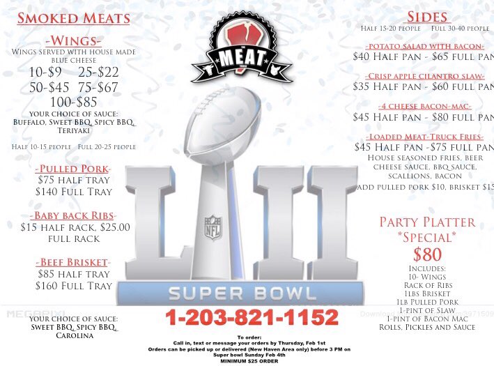 4 days away from Pats vs. Eagles. Get your game day grub ordered and let the good times roll. We’ll be accepting orders until Friday afternoon, so make sure to give us a call or leave us a message. Let’s go!!!#bbq #newhaven #meattruck #LII