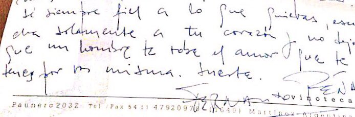 diegoscott's tweet photo. En 2003 nació Magda, hija de Rafa y Magdalena, amigos de Fernando Peña. Él le regaló un vino y una carta para abrir cuando cumpliera 15 años. Ese día llegó hace poco y esta es la carta. Vale llorar un poco y usar la última frase como bandera femenina. Felíz #SanPeña. https://t.co/hdCo3Ih04w