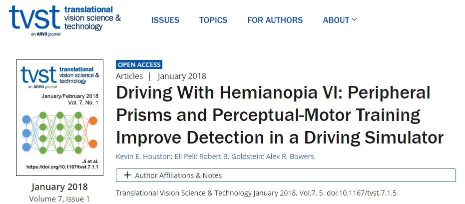 bowers_lab's tweet photo. We have just published the sixth paper in our series on Driving with Hemianopia:

Houston KE, Peli E, Goldstein RB and Bowers AR. (2018) Driving with Hemianopia VI: Peripheral prisms and perceptual-motor training improve detection in a simulator. Transl. Vis. Sci. Technol.7(1):5 https://t.co/jwrapP6G3X