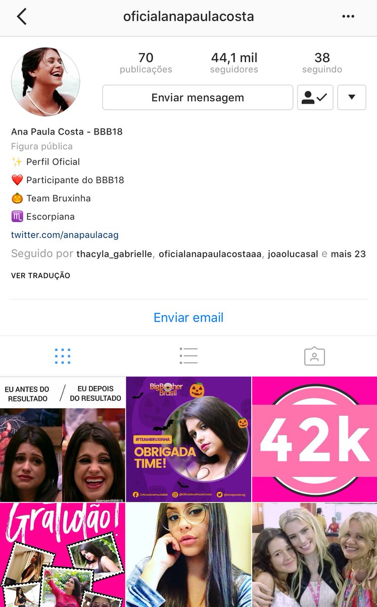 Meus amores, esse é o instagram oficial da nossa Bruxinha. Repassem porque tem muitos fakes! ❤️🎃👊🏼 #TeamAnaPaula #BBB18