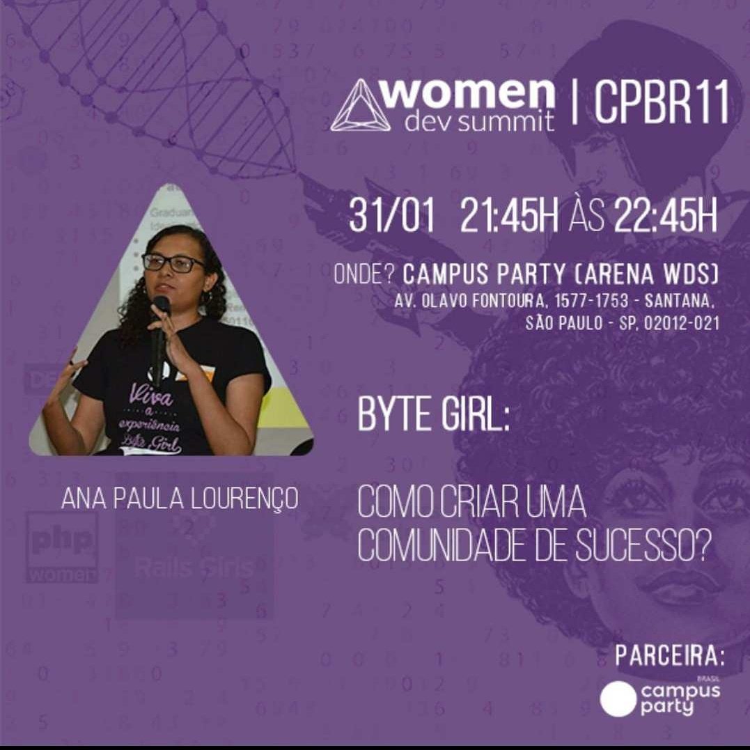 bytegirlevento's tweet photo. Vai rolar #palestra #bytegirl logo mais aqui na #cpbr11 na arena #webdevsummit (ao lado do O Boticário) https://t.co/pNKbc9plUl