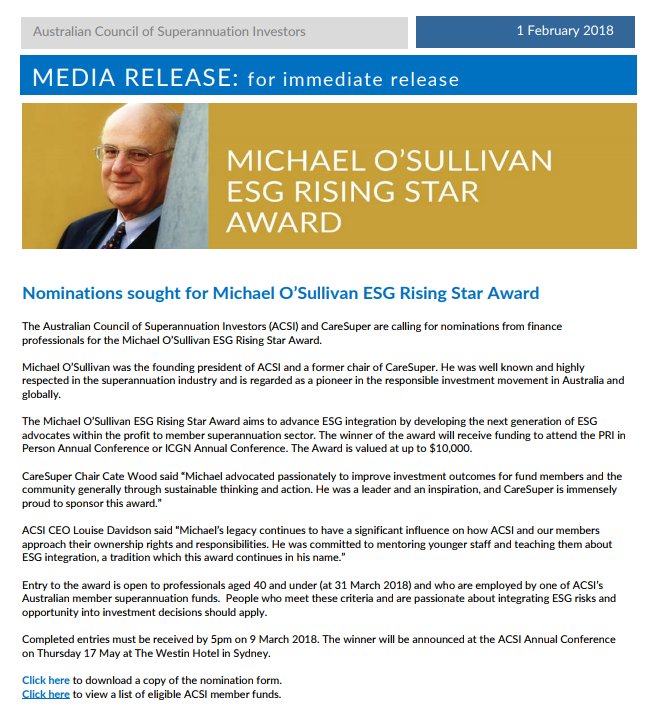 Nominations for the Michael O'Sullivan #ESG Rising Star Award are now open. Proudly sponsored by <a href="/CareSuper/">CareSuper</a>. Entry details and eligibility criteria available at bit.ly/2EpmlAN <a href="/CareSuperCEO/">Michael Dundon</a> #responsibleinvestment #activeownership #sustainablefinance