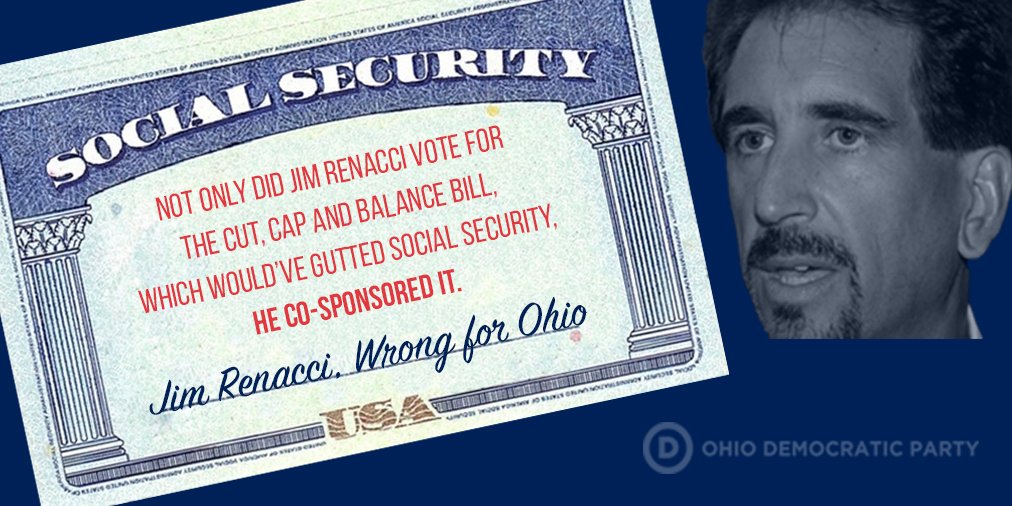 OHDems's tweet photo. On this day in 1940, the first person in America received a Social Security check—and there's one person you won’t see recognizing the occasion: @JimRenacci.
He supports massive cuts to the program, even though thousands of Ohio seniors rely on it. #WrongForOhio https://t.co/APbm5AHk91