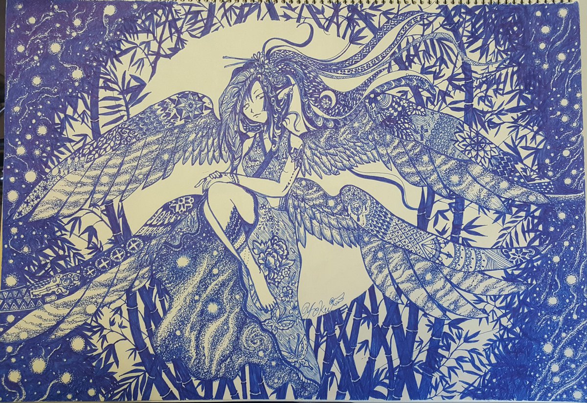 片 翼 鎌倉mona 秋のミニ原画展 ٹوئٹر پر 月と星と夜空のtwitterシェア企画展 過去絵になりますが 月と星空をテーマにした絵です ボールペン画 ペン画 やっと完成