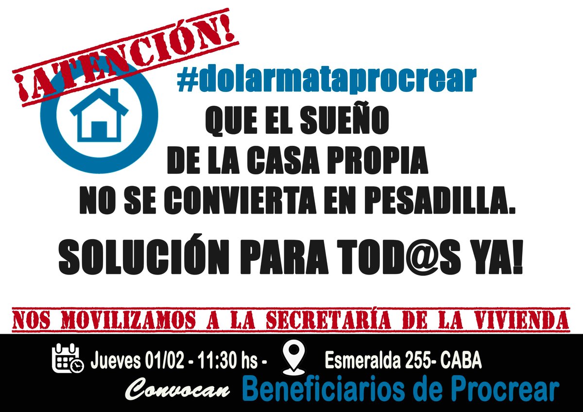 Dulcinea720's tweet photo. @Sietecase 
#dolarmataprocrear 
Con la suba del dólar, las propiedades en dólares, los préstamos en pesos , los constantes aumentos y los salarios congelados vemos cada vez más lejos el Sueño de la Casa propia. Por eso, los beneficiarios de PROCREAR nos movilizamos. https://t.co/jG2I13bR3U