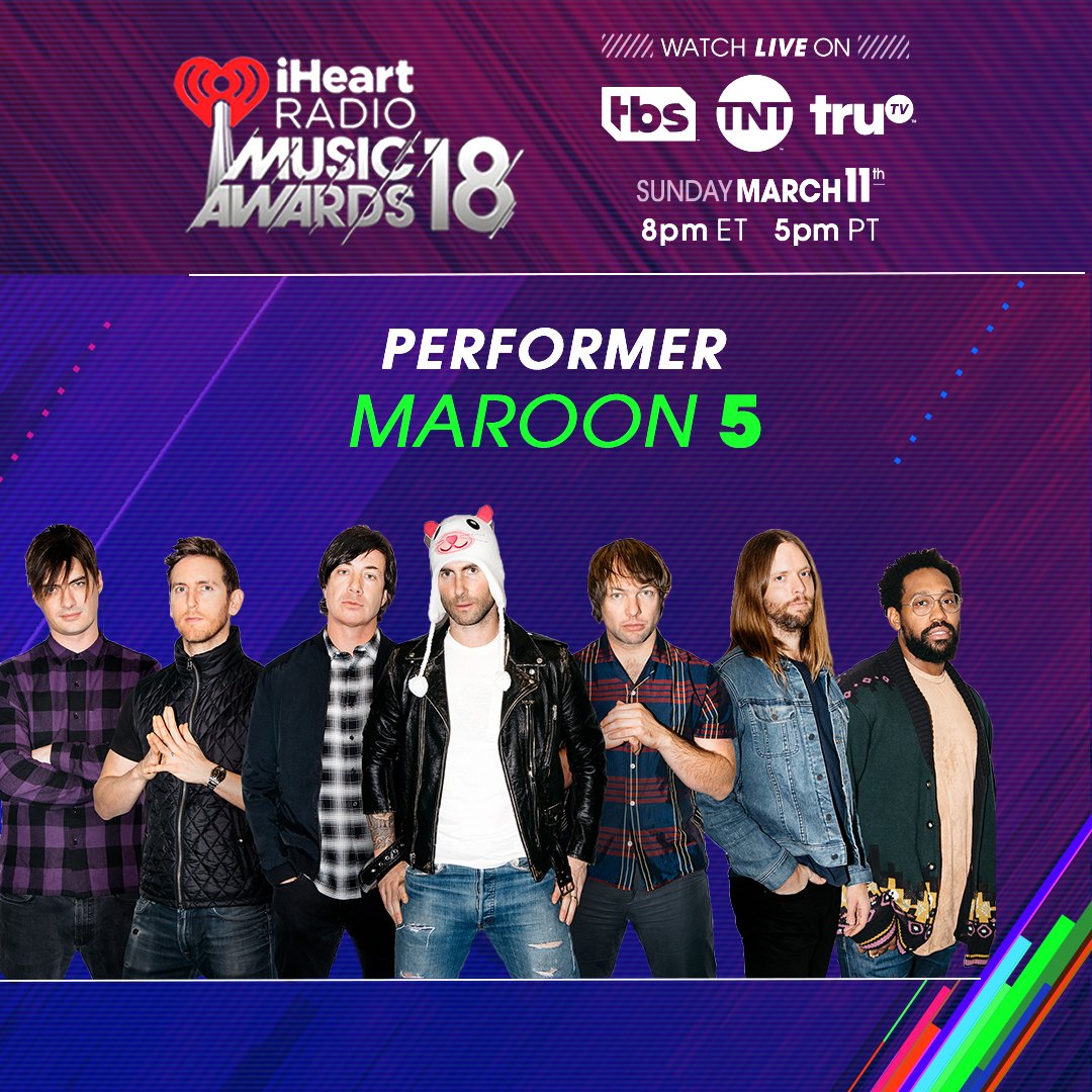 iHeartRadio's tweet photo. JUST WAIT ✋🏻 Because @maroon5 is performing at the 2018 #iHeartAwards! 

Buy tickets to the show here: https://t.co/TGHOJSejlc https://t.co/K7EXzH4Sgd