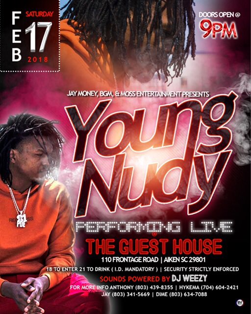 BgmPromo_'s tweet photo. @PDE_YOUNGNUDY PERFORMING LIVE IN AIKEN COUNTY AT THE GUESS HOUSE DM FOR DETAILS #OFFICALUSCAHOMECOMING #usca21 #usca20 #usca19 #usca18 https://t.co/CKAUqgLoiv
