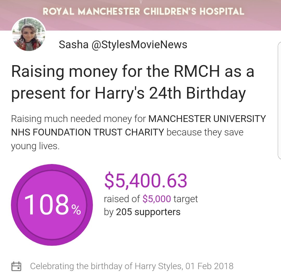 StylesMovieNews's tweet image. Happy Birthday @Harry_Styles! 🎉

As an act of kindness and a gift for your special day, your incredible fans have raised over $5,000 for the amazing Royal Manchester Children's Hospital! 🎁

All the love. x

#KindnessForHarry
#TreatPeopleWithKindness

justgiving.com/fundraising/Ha…