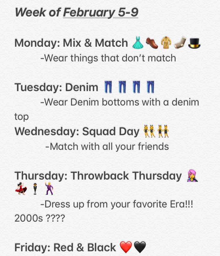 EAHSCouncil's tweet image. Spirit week for next week!!! (February 5th to the 9th)
