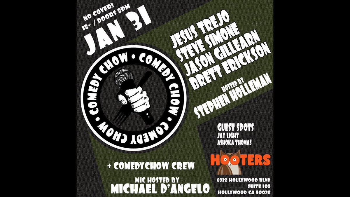 jasonyanakis's tweet photo. Tonight @ 8PM!!! Dope lineup @ComedyChow @Hooters on #Hollywood Blvd—check out the #1 underground #standup #show in #LosAngeles MC’d by soon2B sexiest-father-in-#comedy @HollemanJokes; #Openmic @ 10PM w/ #airpod aficionado @32stitchesco—grub down w/ some 100% #free #ComedyChow! https://t.co/FuTtfVsTo4