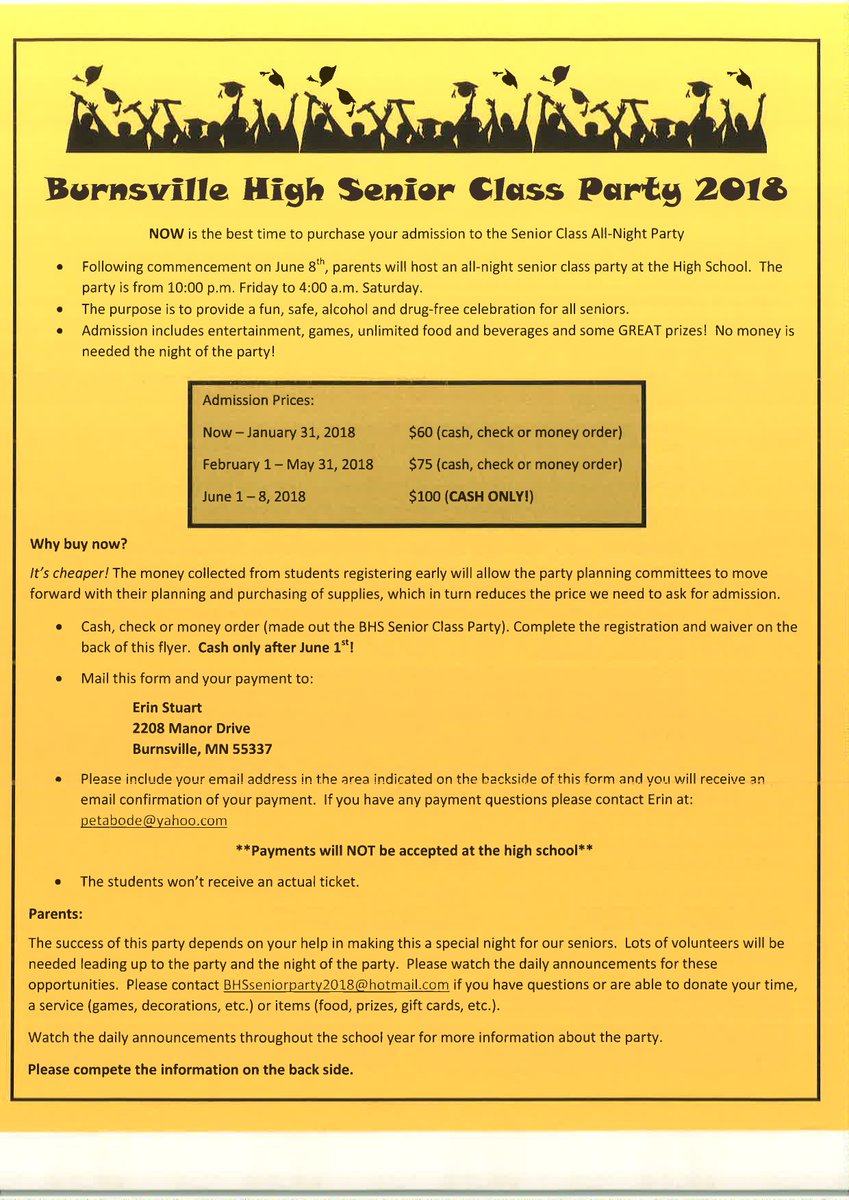 BHSParty2018's tweet photo. Today is the last day for $60 senior class party tix at this price.  Get in the mail ASAP!! Price is $75 till May 31! https://t.co/xKlF46jWFD