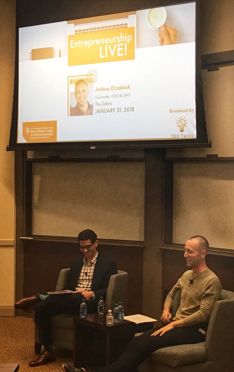 We’re live with <a href="/dziabiak/">Joshua Dziabiak</a> of <a href="/TheZebraCo/">The Zebra</a>! #textalks #whymccombs @UT_KelleherCntr