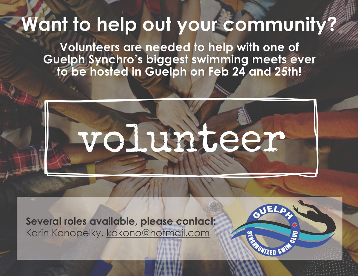 GuelphSynchro's tweet photo. Now accepting volunteers for the Feb 24 and 25th Guelph Synchro swim meet at Victor Davis! Contact Karin kdkono@hotmail.com today to join #TeamGSSC https://t.co/885zS0BMWj