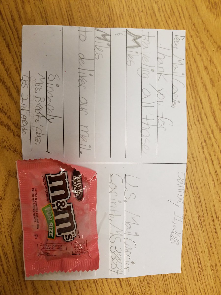 cbrooks2teach's tweet photo. For our letter writing unit we made postcards for our mail carriers.  #januaryservice @CorinthSchools
Thank you for traveling
Miles 
&amp;
Miles @mmschocolate
To deliver our mail. @USPostService https://t.co/xNS8dFPRvd