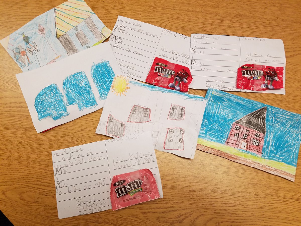 cbrooks2teach's tweet photo. For our letter writing unit we made postcards for our mail carriers.  #januaryservice @CorinthSchools
Thank you for traveling
Miles 
&amp;
Miles @mmschocolate
To deliver our mail. @USPostService https://t.co/xNS8dFPRvd