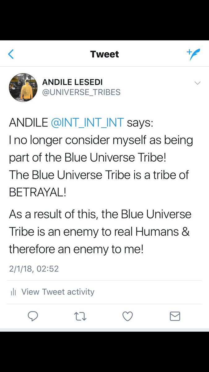 UNIVERSE_TRIBES's tweet photo. ANDILE @INT_INT_INT says: 
I no longer consider myself as being part of the Blue Universe Tribe! ... https://t.co/ck5GpdSK12