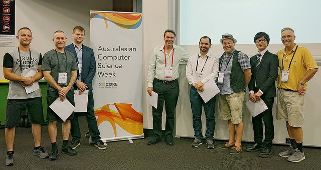 RCCUQ's tweet photo. Australasian Computer Science Week conference sessions got off to a great start y'day at @UQ_News. Pix by @DoktrNick = audience, keynote by Dr Young Choon Lee from @Macquarie_Uni, poster session, & #ACSW2018 best paper awardees (congrats!). https://t.co/hJK0NdR65L