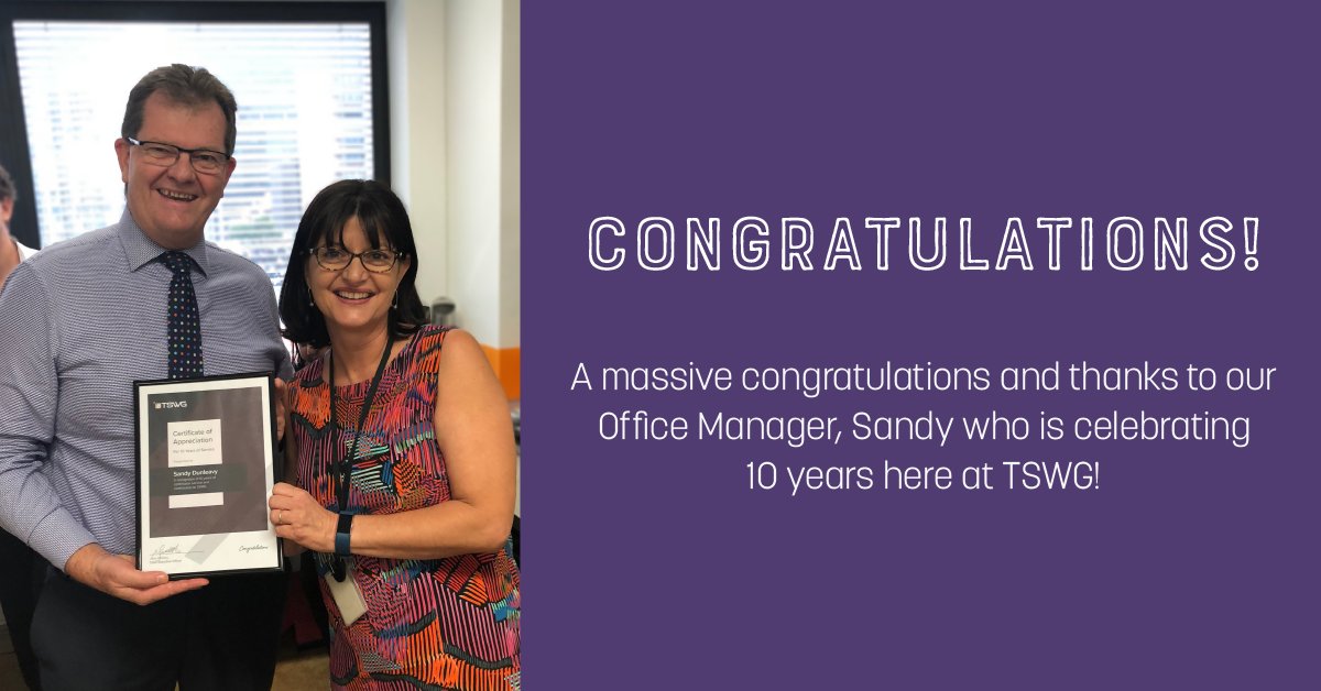 TSWG1's tweet photo. A massive congratulations and thanks to our Office Manager, Sandy who is  celebrating 10 years here at TSWG! #longservice #insidetswg https://t.co/YE5RoowJOA