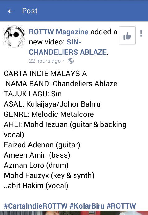 hi, once again me and my boys in <a href="/CxAOfficial/">Chandeliers Ablaze</a> sending our song to Carta Indie Malaysia by ROTTW! play, like and spread it out!
