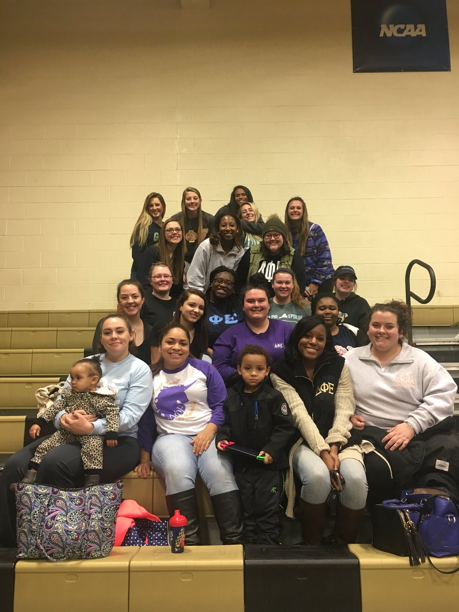 DPhiEFerrum's tweet photo. We were so happy to support @YetzFC and the Men’s Wrestling team tonight! We had so much fun and we are even more appreciative of Coach Yetzer’s donation to our philanthropies, ANAD and Cystic Fibrosis!💜💛 https://t.co/91u7VgAOdn