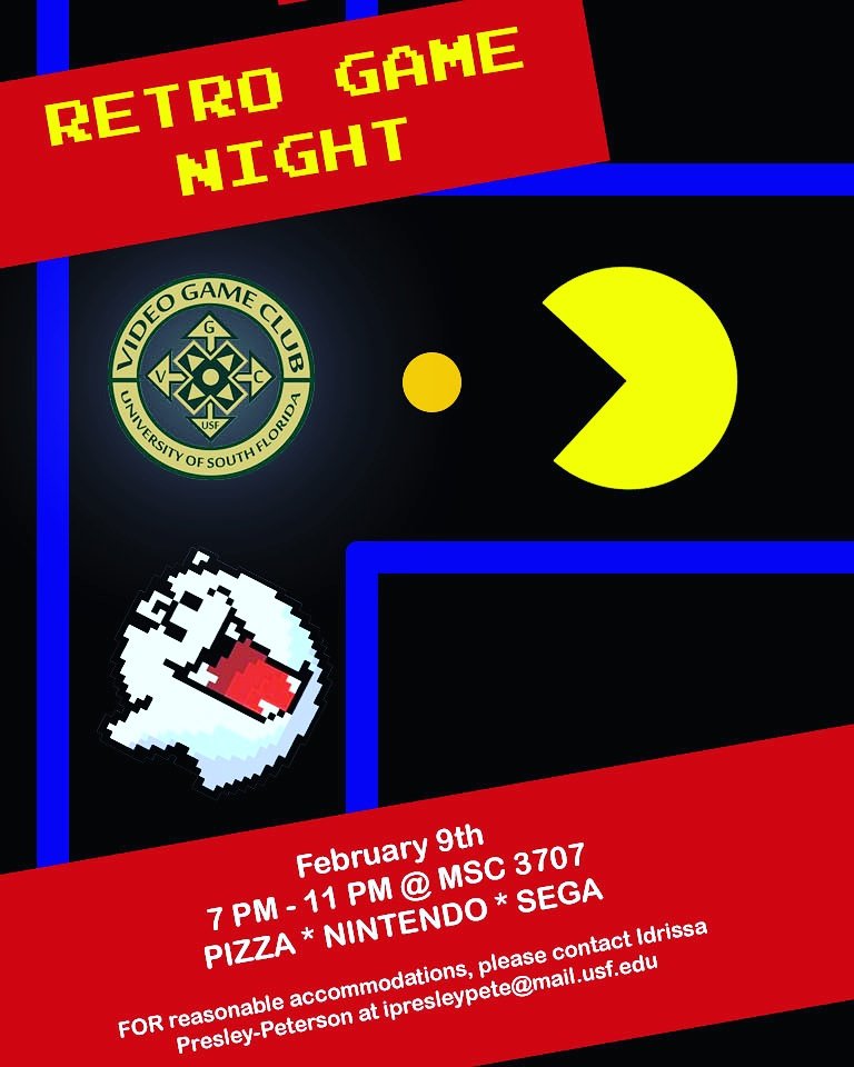 vgc_usf's tweet photo. Hello everyone our next event is Retro Game Night and it is on February 9th in MSC 3707 from 7pm to 11pm. https://t.co/nUO3wVWowO