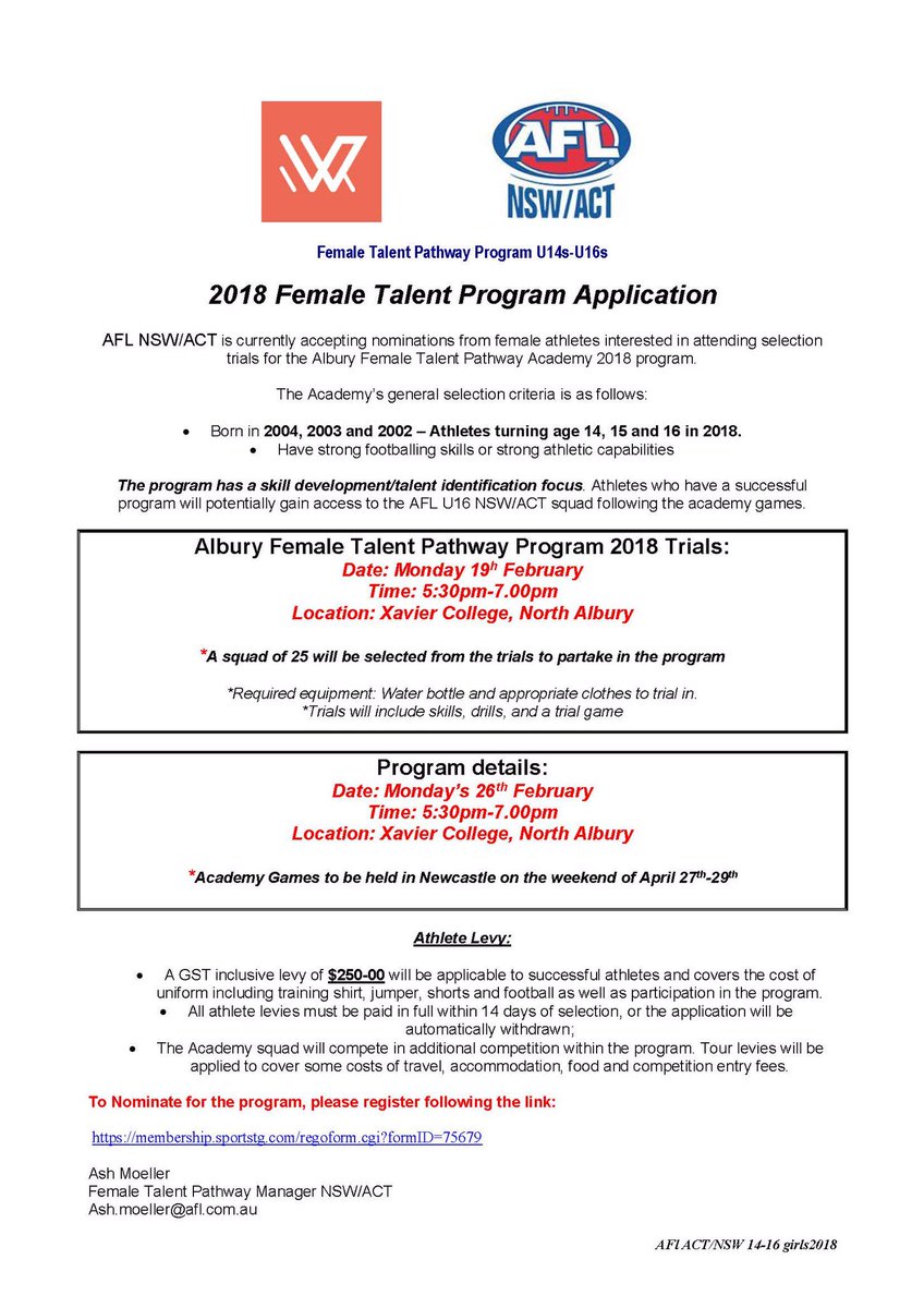 2018 AFLW Albury Frmale Talent Pathway Program details