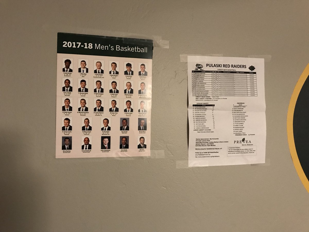 krauseunc's tweet photo. As I walk into my son’s bedroom I am reminded of the power of relationships...he’s decided to tape up the rosters of people he looks up to and that make him feel special... Thanks for being special #RaiderStrong @SNCMensBB @GeenenWade @PulaskiRedSea @DHendricks113 @NargesPierce https://t.co/oFL27X5gt9