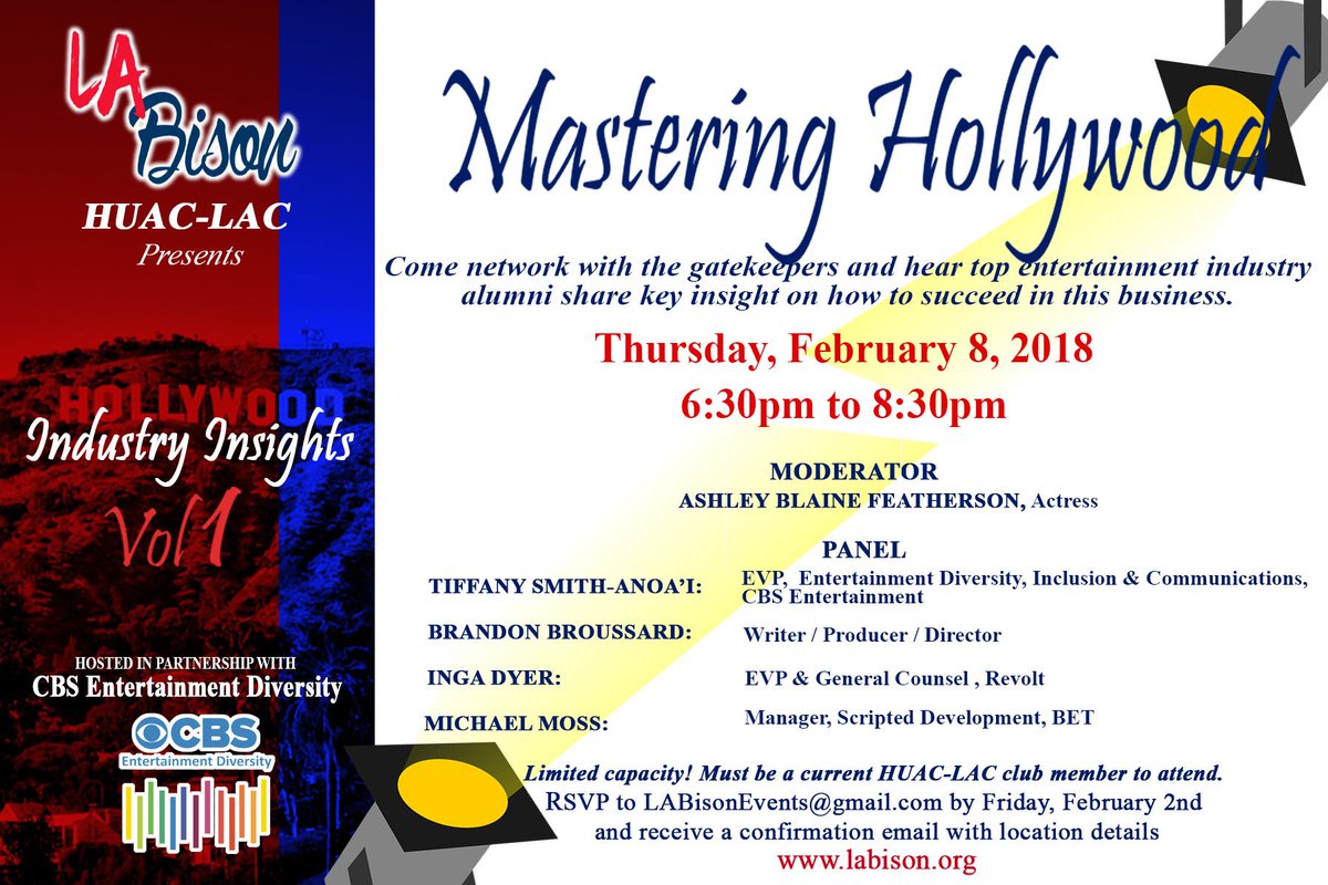 Looking to network in entertainment? RSVP by Friday to join @CBSEntDiversity and <a href="/LABison1964/">L.A. Bison</a> at #IndustryInsights on 2/8! This “MASTERING HOLLYWOOD” panel event features top alumni Actress @AshleyBlaine, @TSmithAnoai, #IngaDyer, <a href="/MikeMossFuture/">Mike Moss</a> and @BrandonQreative 🙌🏽