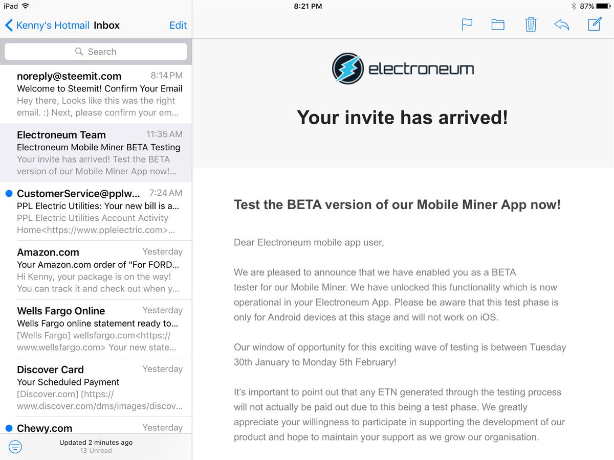 E24Kenny's tweet photo. @Crypto4thepeeps ...your videos helped me keep faith in this project thru the ups and downs. Today I got my golden "beta" ticket!  #progress #HODL #ETN #electroneum https://t.co/IawO2ixe5F