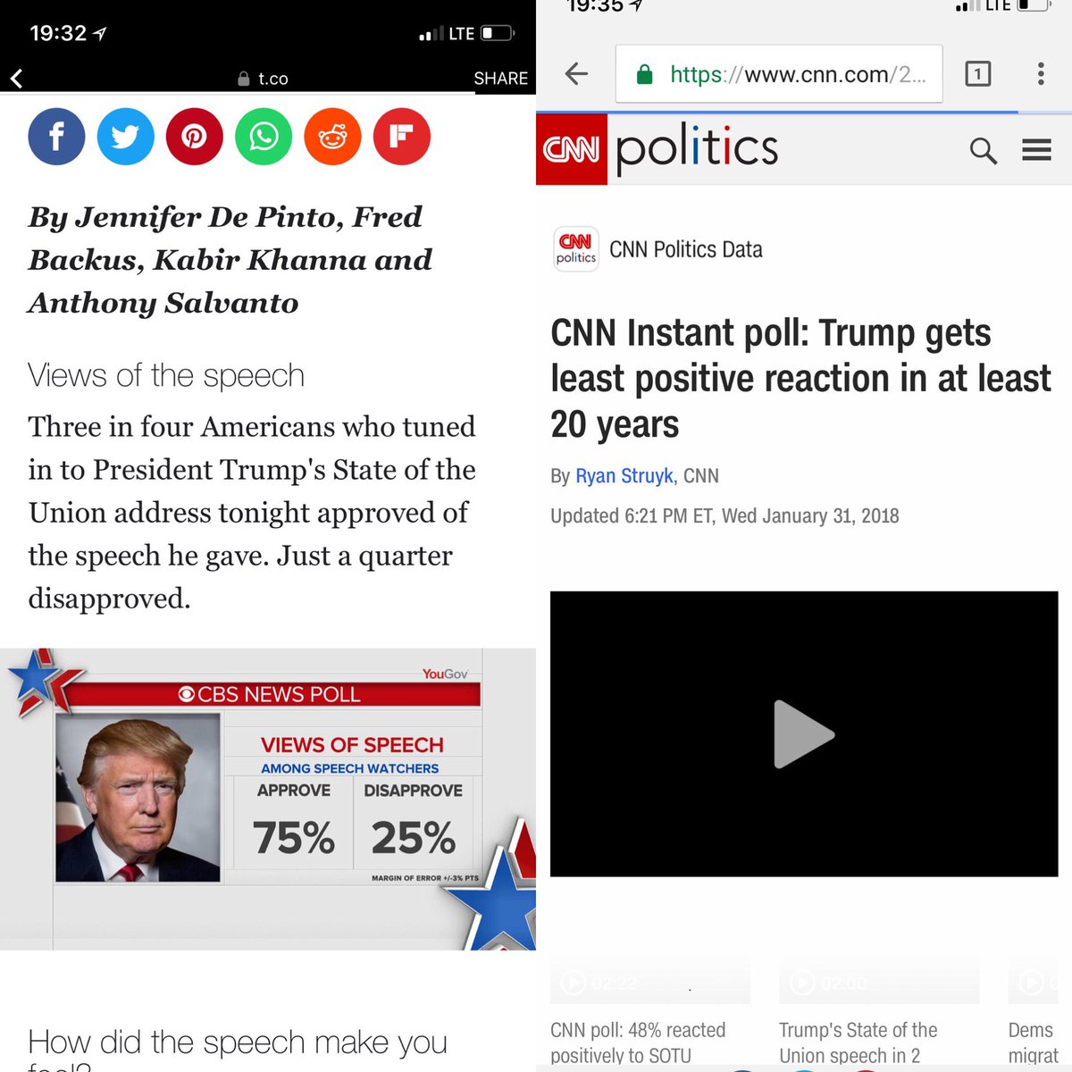 Subsea_1's tweet photo. Here is why you don’t believe “fake news” CNN! CBS says 3 out of 4 approved of the @realDonaldTrump where as CNN says “least positive reaction in at lease 20 years”. Nice try #CNN #fakenews https://t.co/QuT5W3gcSY