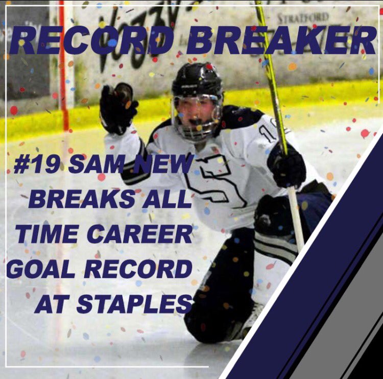 BREAKING NEWS | After his 95th career goal tonight, Sam New has broken the Staples High School Hockey All-Time Career Goal Record! Congrats Sam on a incredible milestone! #cthk